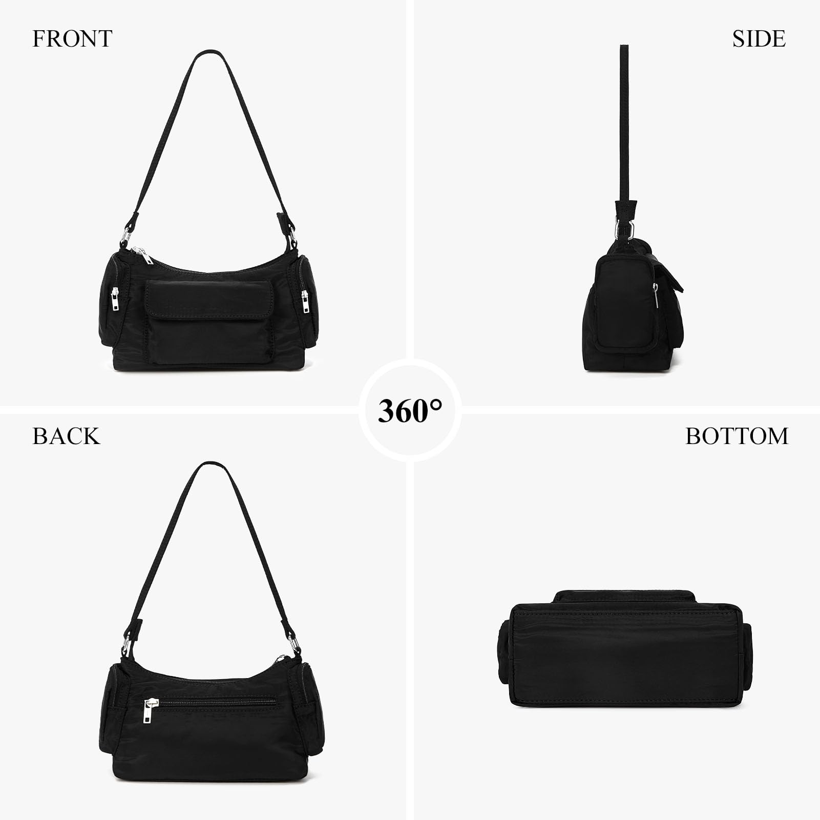 Black Nylon Multi Pocket Hobo Bag