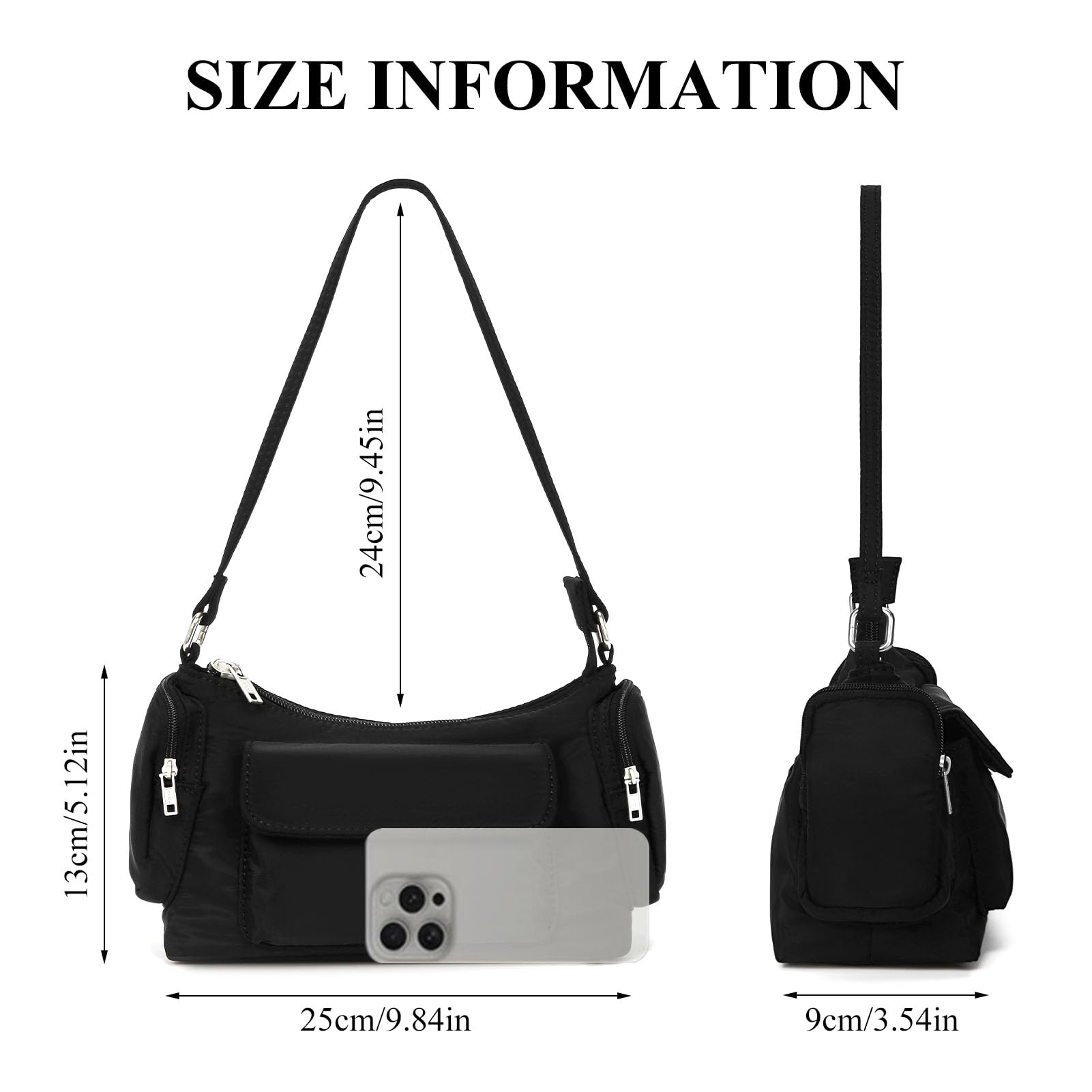 Black Nylon Multi Pocket Hobo Bag
