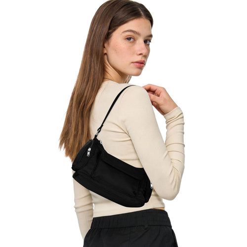 Black Nylon Multi Pocket Hobo Bag
