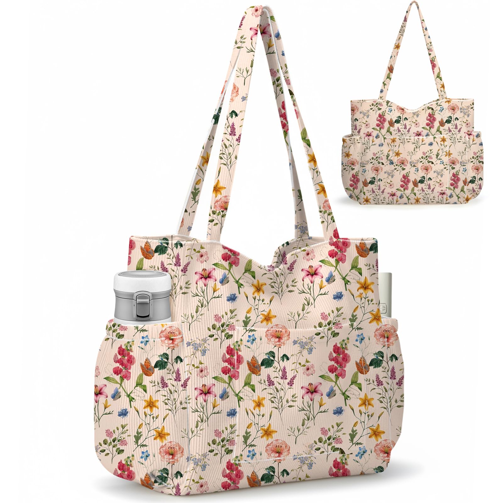 Large Corduroy Tote Bag with 6 Pockets