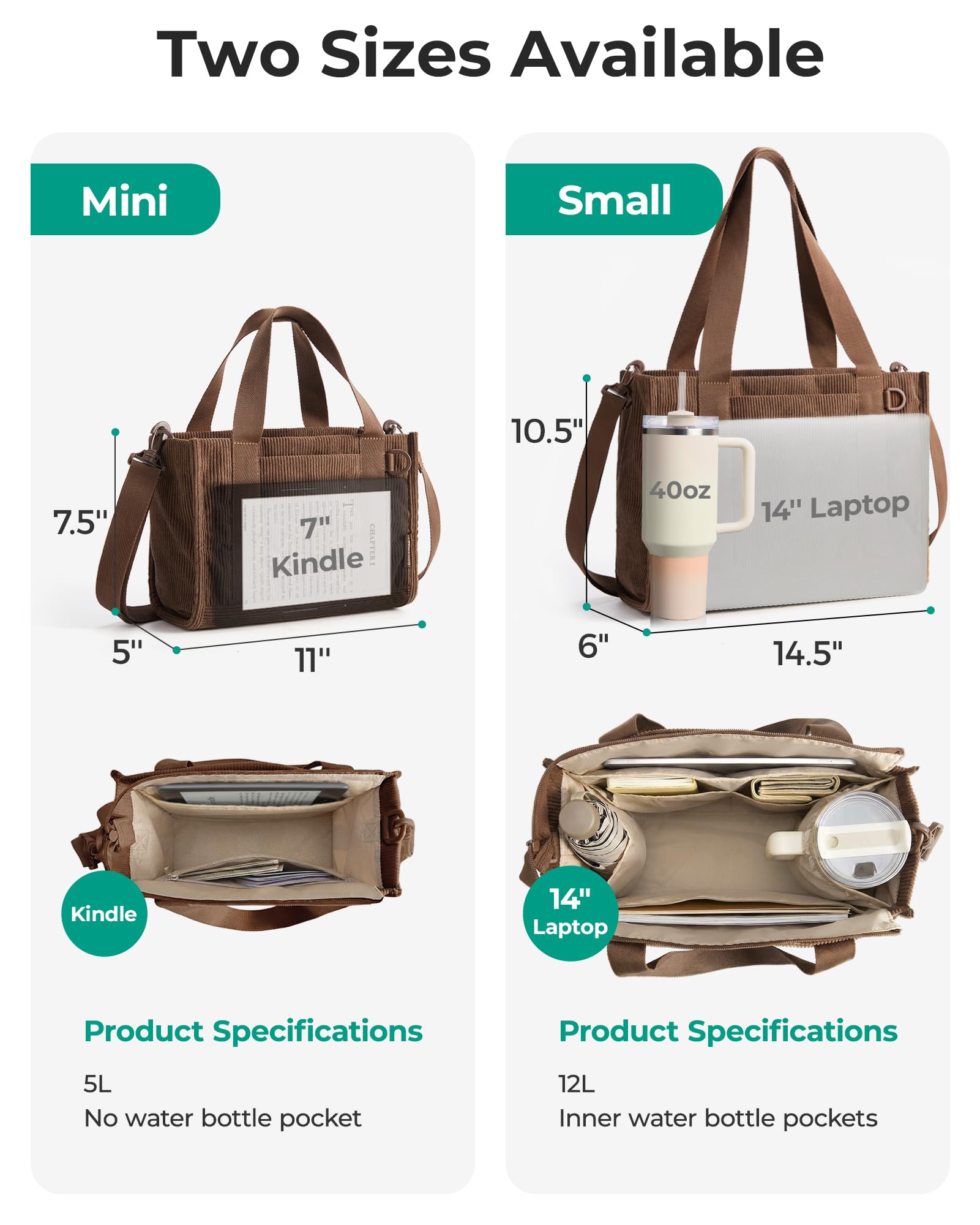 Corduroy Work Tote Bag with Tumbler Holder