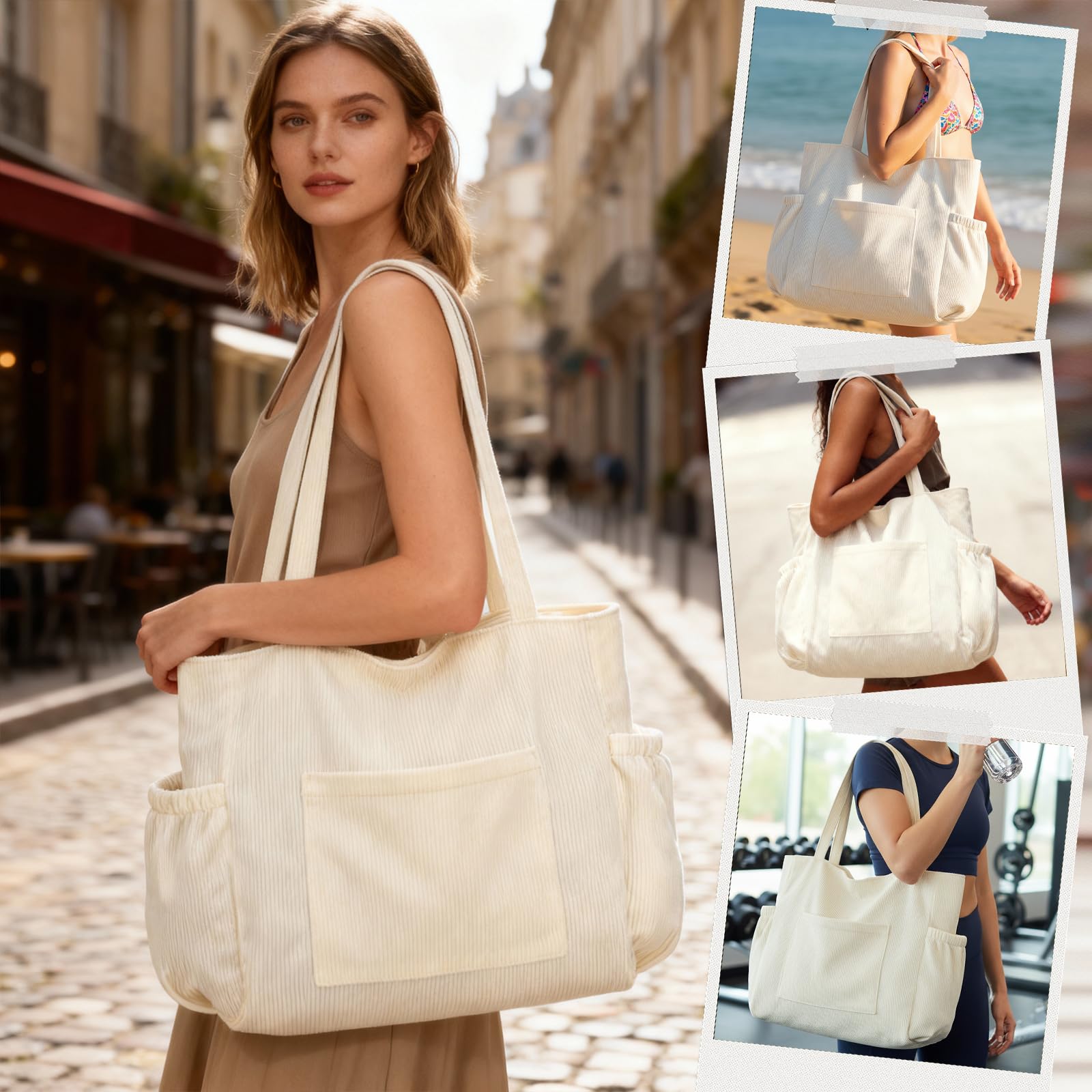 Large Corduroy Tote Bag with 6 Pockets