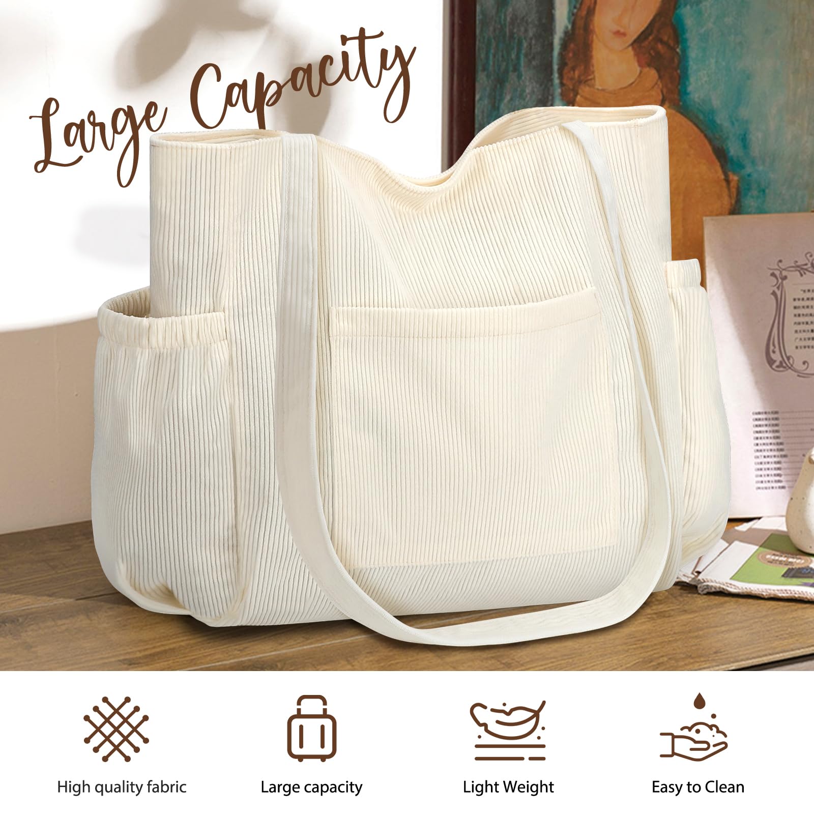 Large Corduroy Tote Bag with 6 Pockets