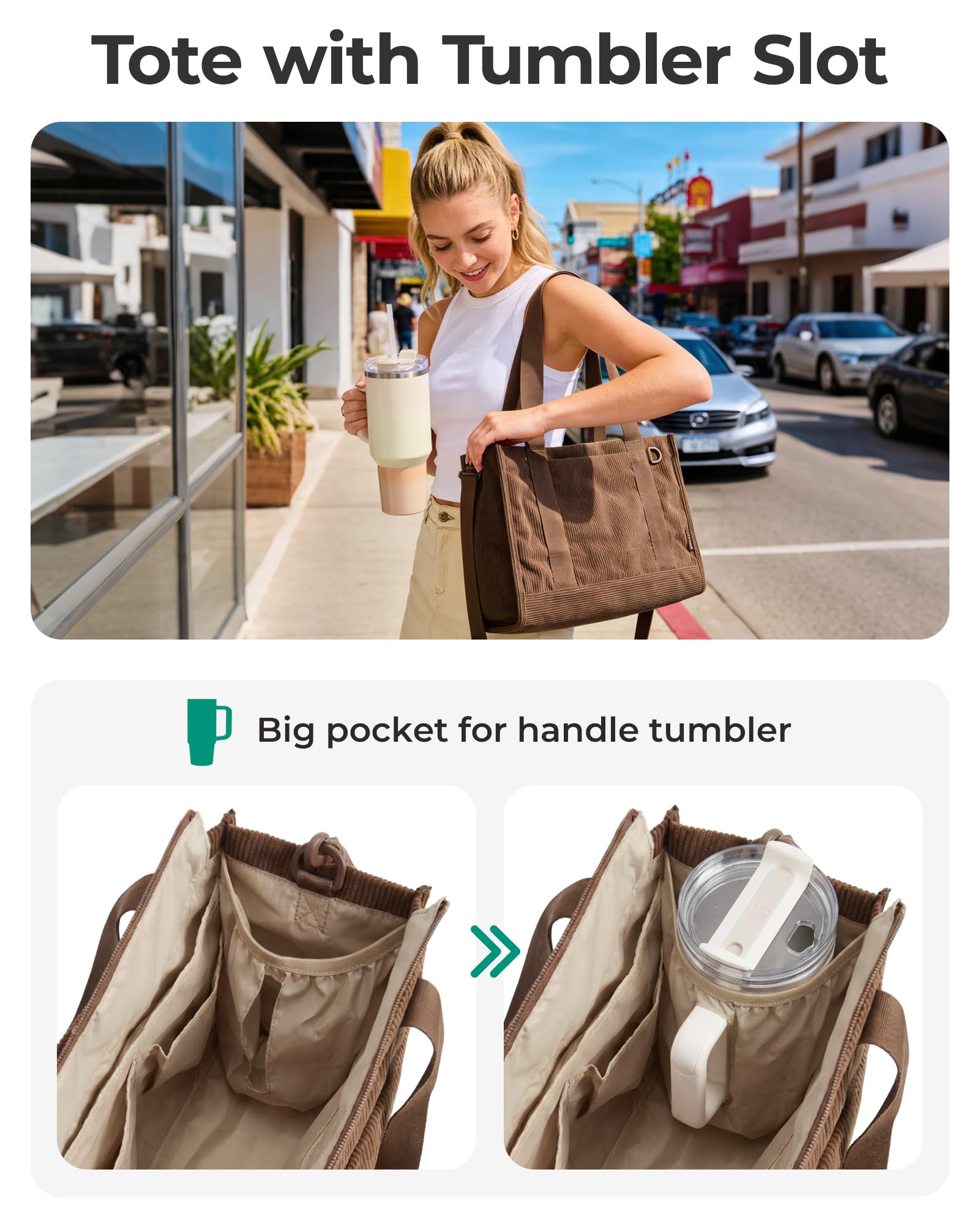 Corduroy Work Tote Bag with Tumbler Holder