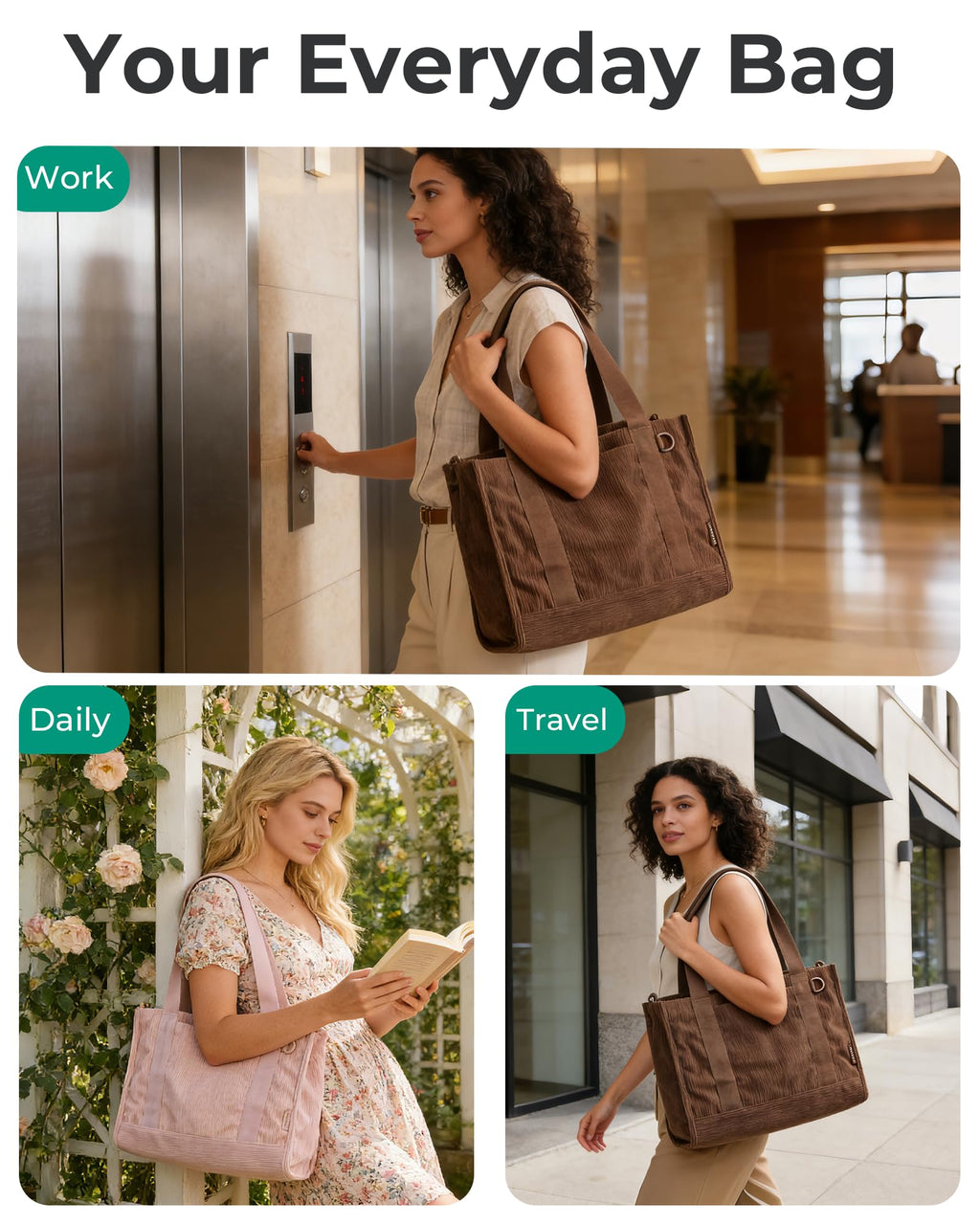Corduroy Work Tote Bag with Tumbler Holder