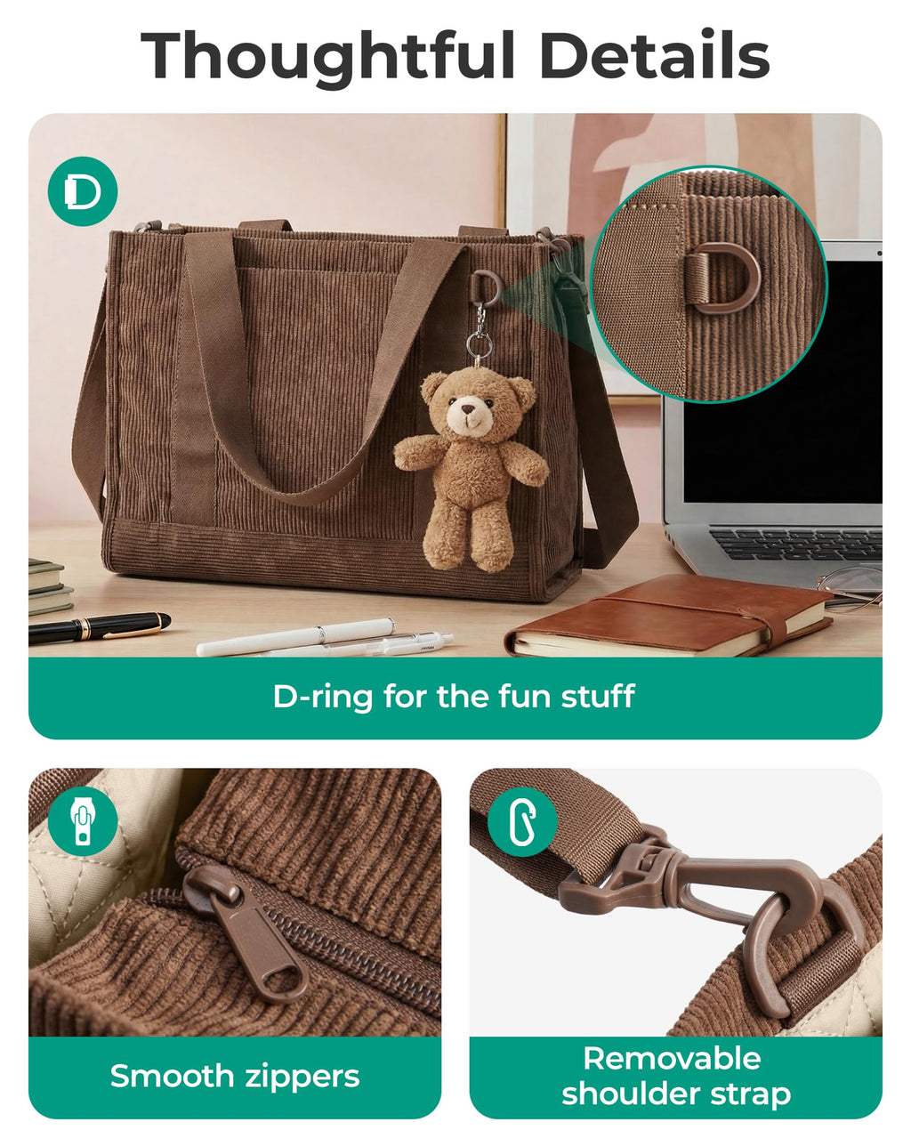 Corduroy Work Tote Bag with Tumbler Holder