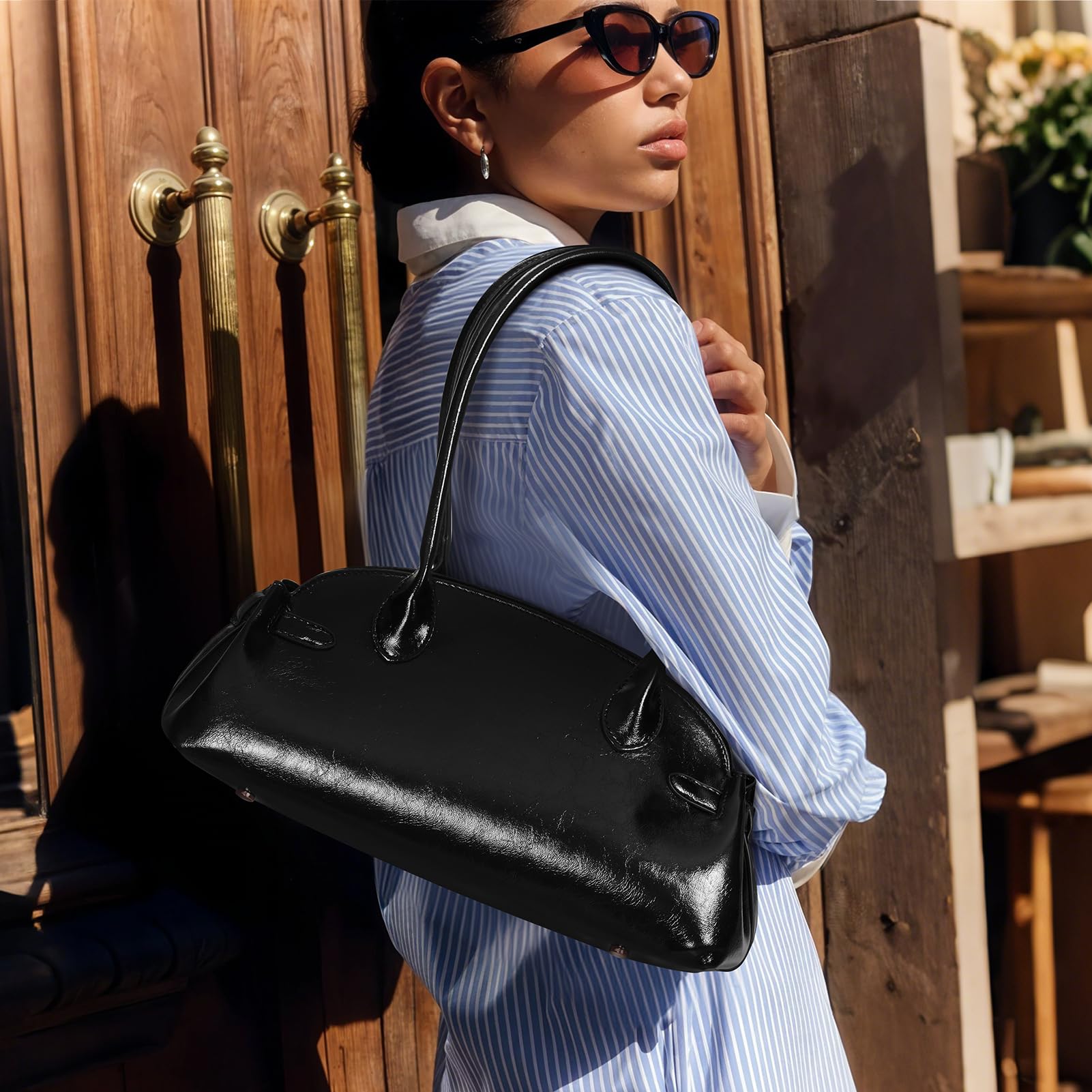 Glazed Leather Hobo Shoulder Bag
