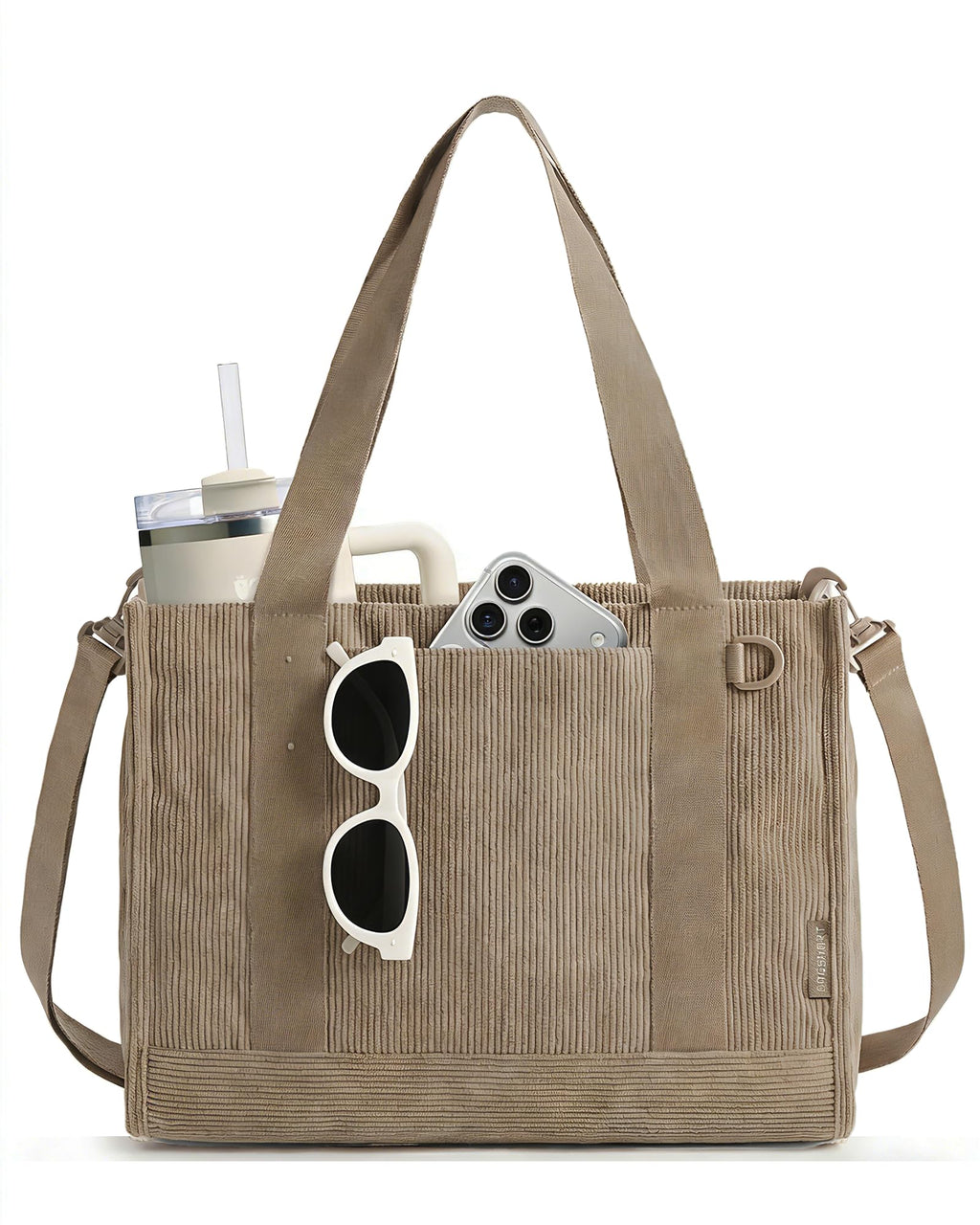 Corduroy Work Tote Bag with Tumbler Holder